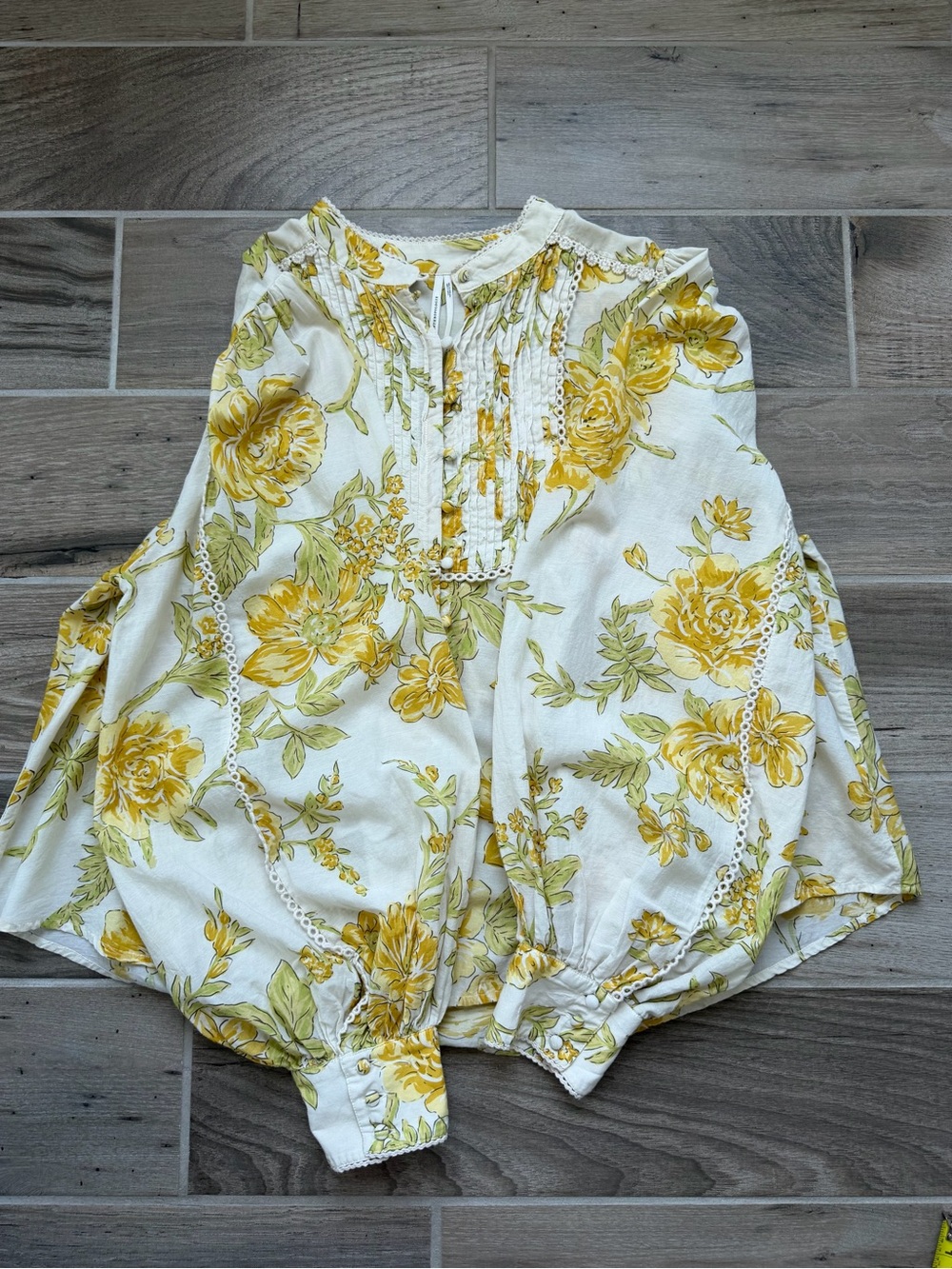 Peasant pintuck Anthropologie longsleeve yellow floral cottagecore buttondown XL - Picture 7 of 9